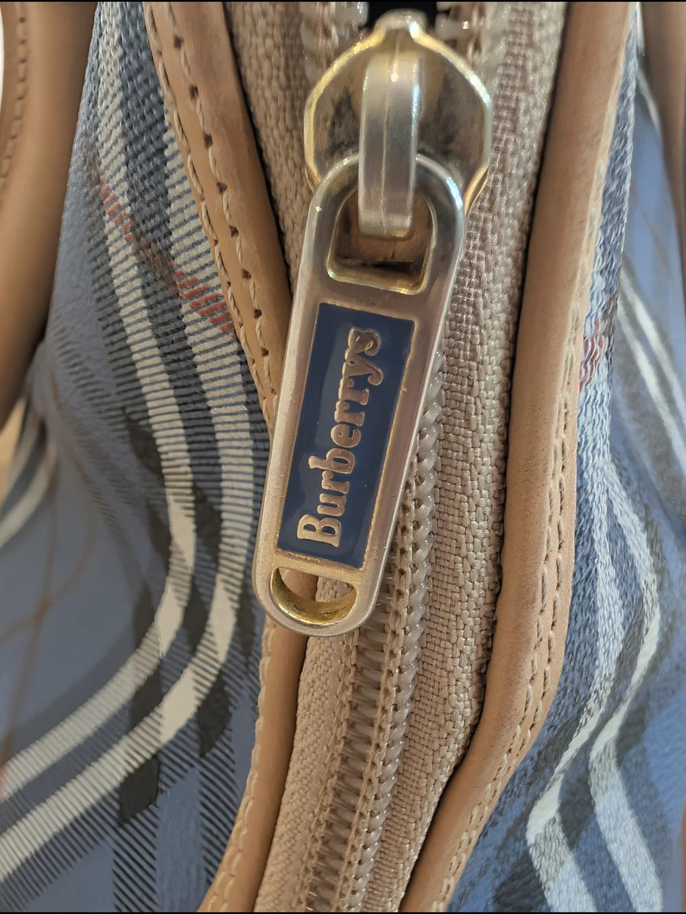 Vintage Burberrys Of London Blue Nova Check Bowling Satchel with Tan Leather